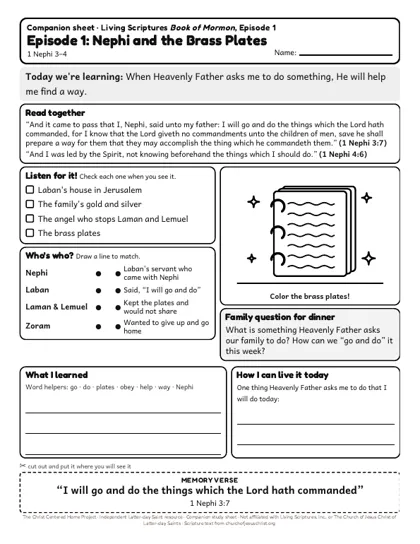 Preview of the kids’ companion sheet for episode 1, Nephi and the Brass Plates