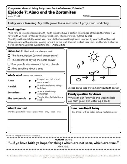 Preview of the kids’ companion sheet for episode 7, Alma and the Zoramites