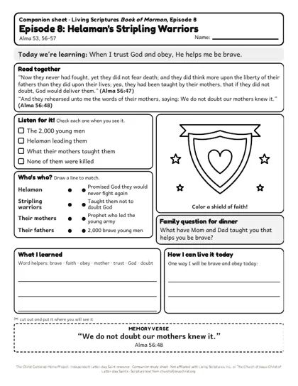 Preview of the kids’ companion sheet for episode 8, Helaman's Stripling Warriors