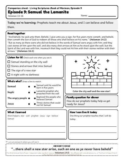 Preview of the kids’ companion sheet for episode 9, Samuel the Lamanite