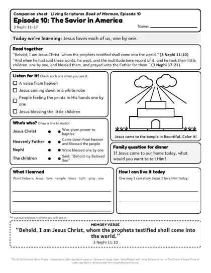 Preview of the kids’ companion sheet for episode 10, The Savior in America