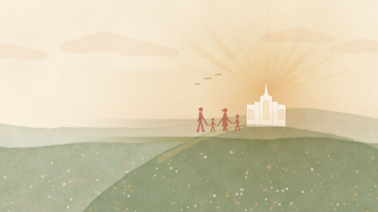 A soft watercolor painting at golden hour: a mother, father, and two children hold hands on a green hill, walking toward a white temple glowing in the sunrise.