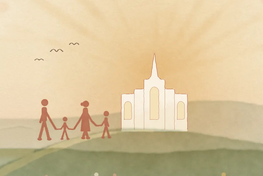Watercolor family holding hands, walking up a green hill toward a white temple in a golden sunrise.